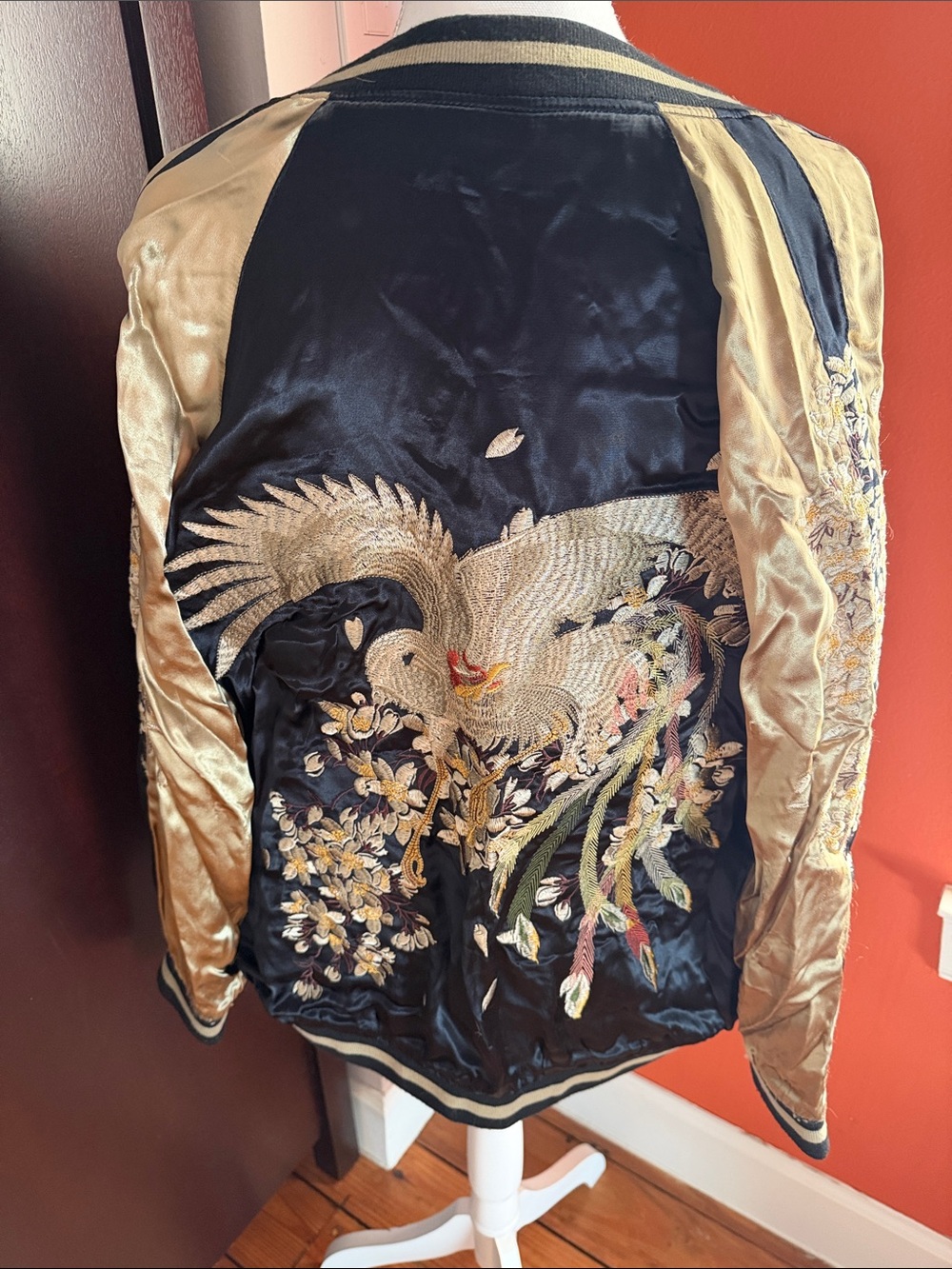 Embroidered Black and Gold Satin Bomber Jacket